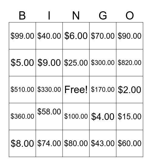 Rounding Money Bingo Card
