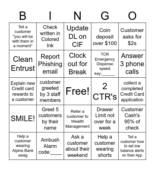 Alpine Bank Bingo Card