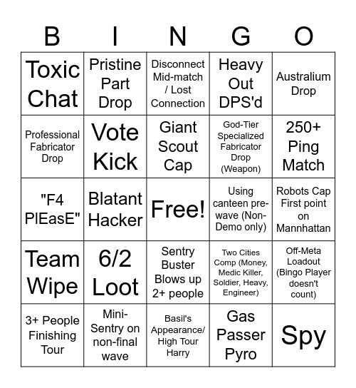 TF2 Bingo for One Tour Bingo Card