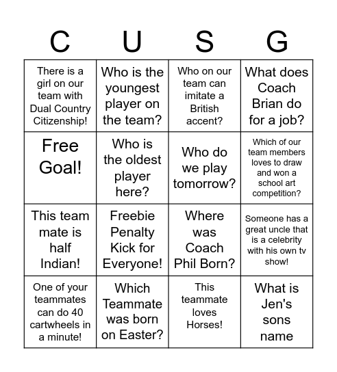 Strikers Red Bingo Card