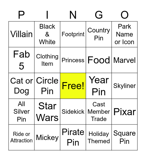 PINGO Bingo Card