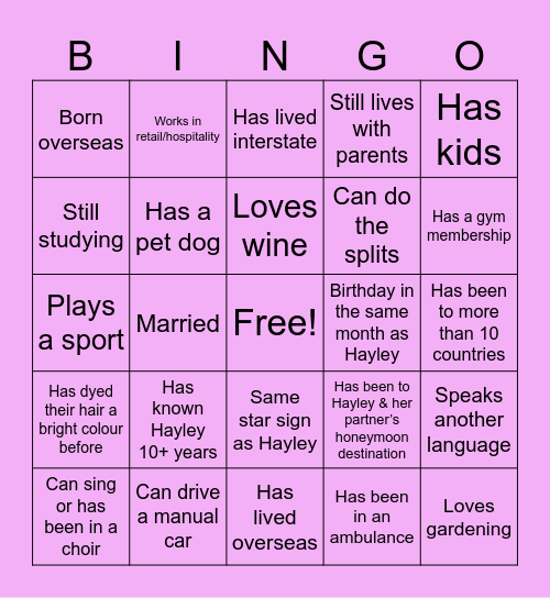 Hayley’s hens Bingo Card
