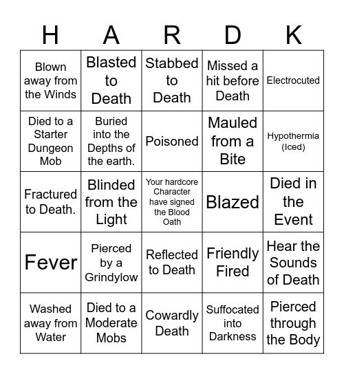 HardKor Death Cause Bingo Card