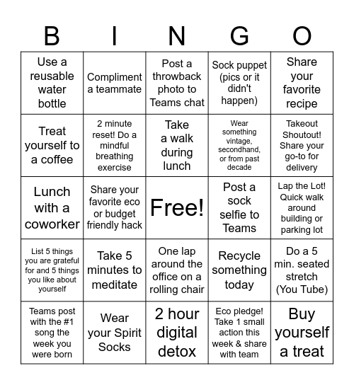 Recruitment Spirit Week Bingo Card