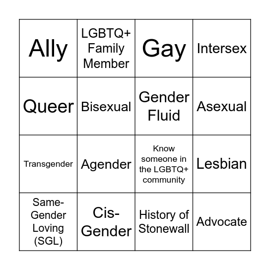 LGBTQ+ Bingo Card