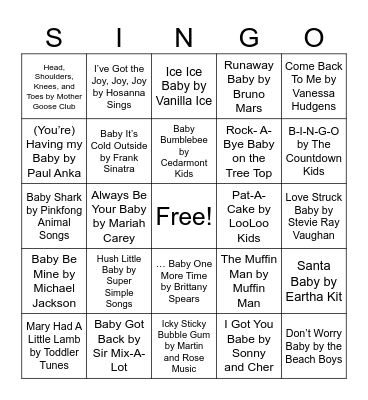 BABY SONGS Bingo Card