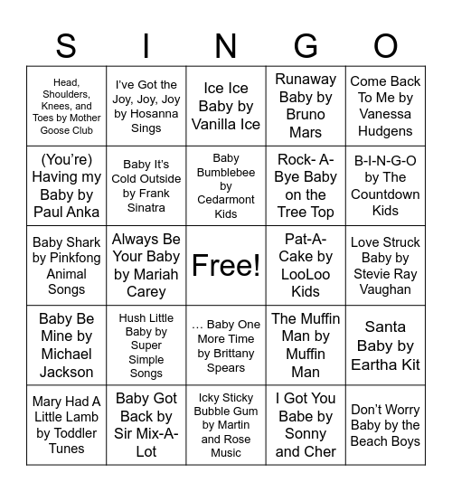 BABY SONGS Bingo Card