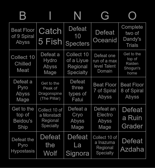 Genshin Lockout Bingo Card
