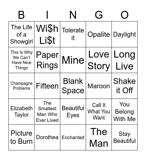 Taylor Swift Music Bingo Card