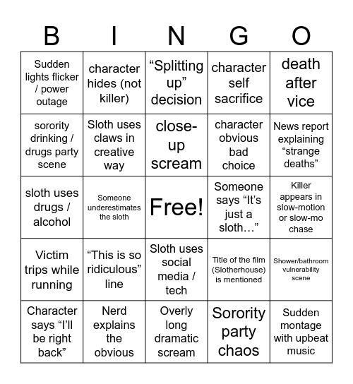 Slotherhouse Bingo Card