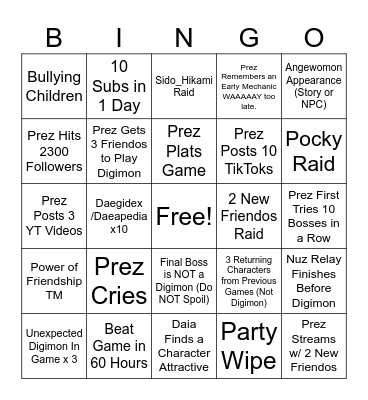 Digimon Time Stranger Bingo Card