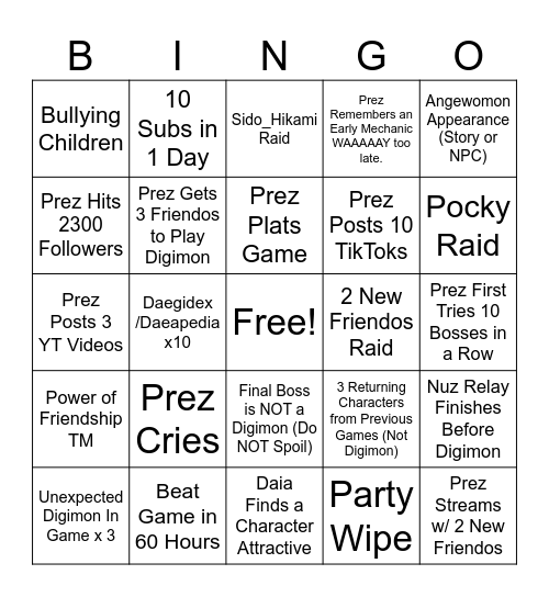 Digimon Time Stranger Bingo Card