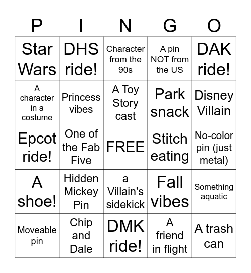 Disney PINGO #1 Bingo Card