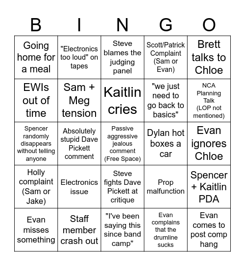 Lake Orion Show Day Bingo Card