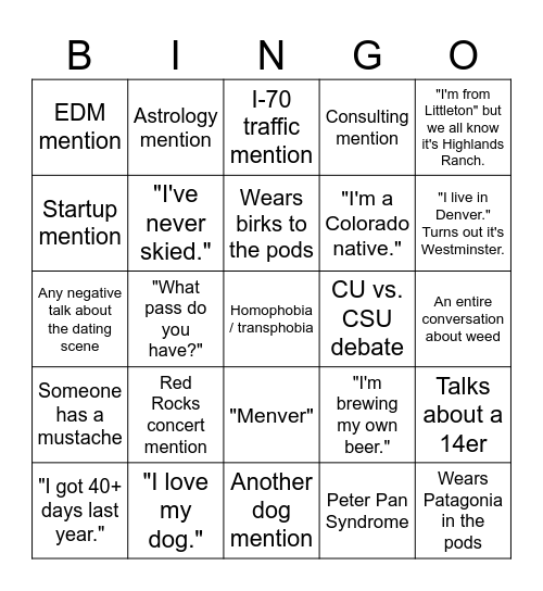 Love Is Blind Denver Bingo Card
