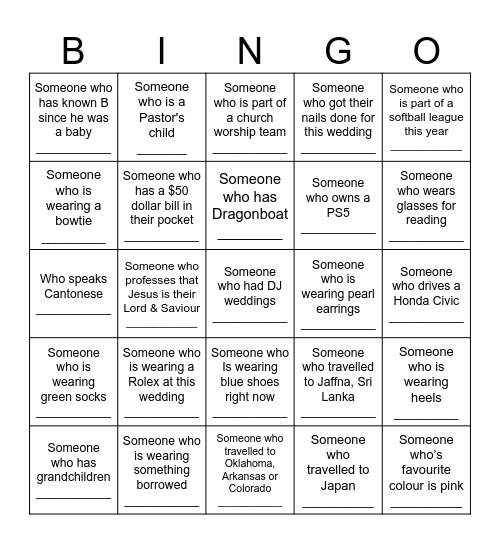 R&B Wedding Bingo Card
