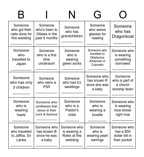 R&B Wedding Bingo Card