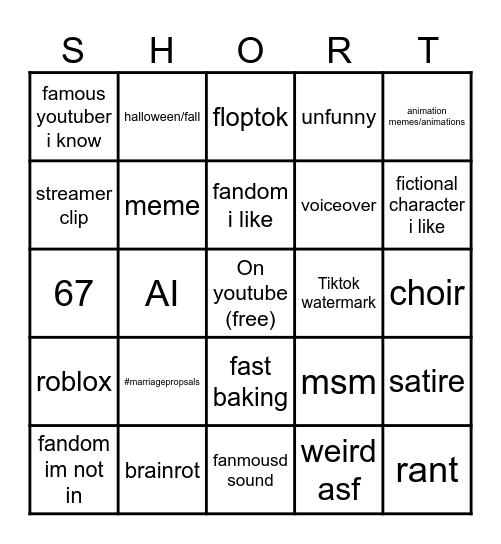 YT shorts bingo Card