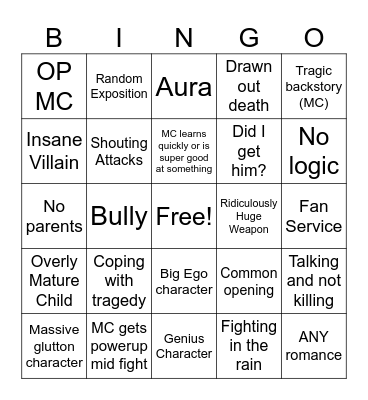 Action Anime Bingo Card