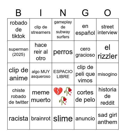 Instagram reels Bingo Card