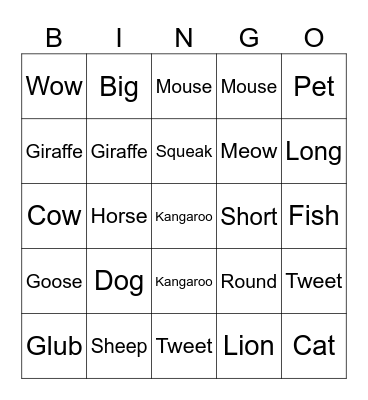 Animals Bingo Card