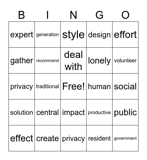 Unit 1 Vocabulary Bingo Card