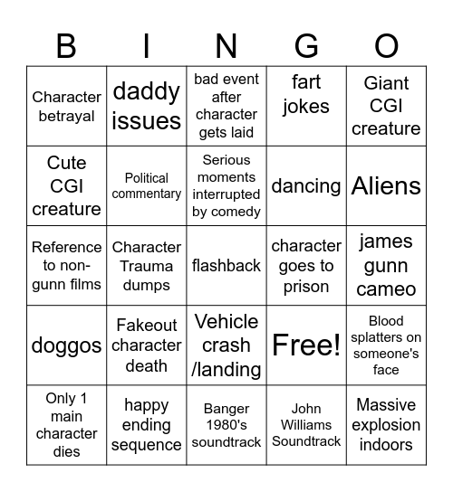 James Gunn Movie bingo Card