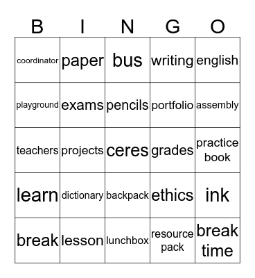 School Bingo Card