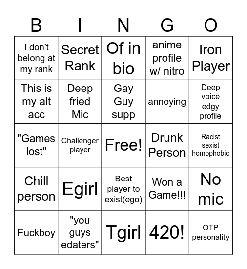 League Random Bingo! Bingo Card