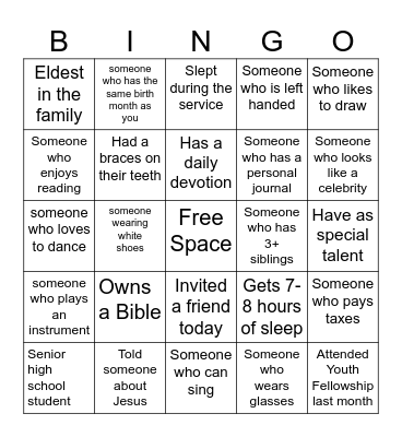 Youth Fellowship Edition Bingo Card