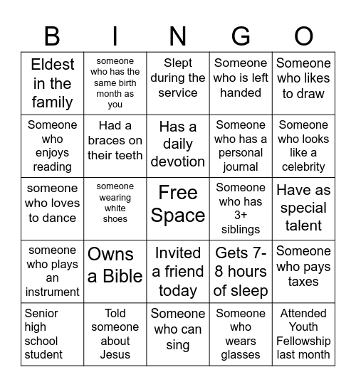 Youth Fellowship Edition Bingo Card