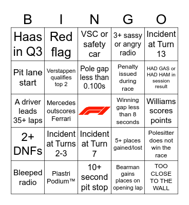 F1 Bingo - Singapore 2025 Bingo Card