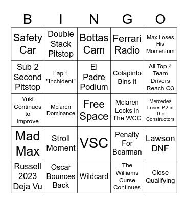 F1 2025 Singapore GP Bingo Card