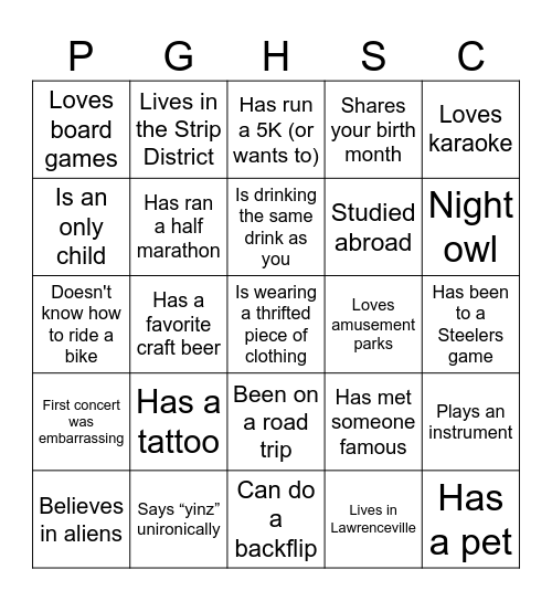 Find a friend bingo Card