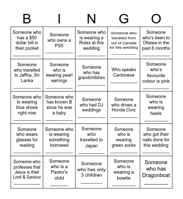 R&B Wedding Bingo Card