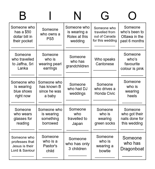 R&B Wedding Bingo Card