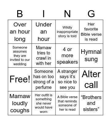 Funeral Funtime Bingo Card