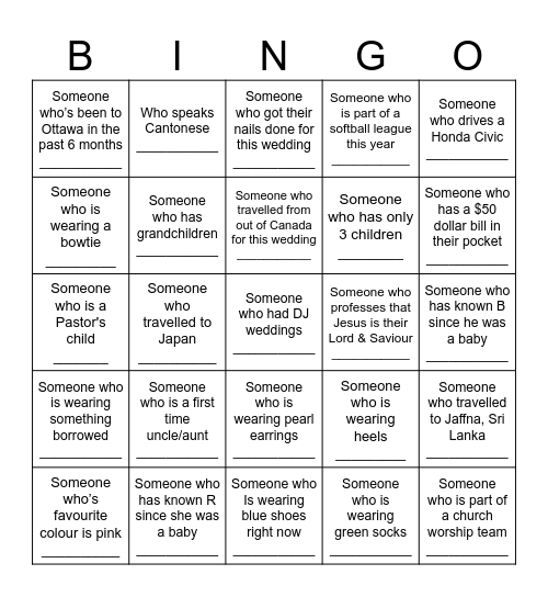 R&B Wedding Bingo Card