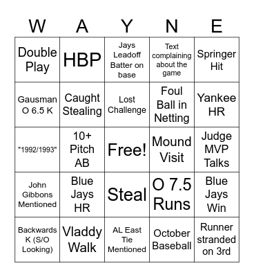 ALDS Game 1 Blue Jays "Wayne" Bingo Card