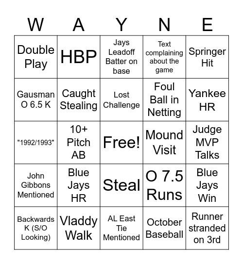 ALDS Game 1 Blue Jays "Wayne" Bingo Card