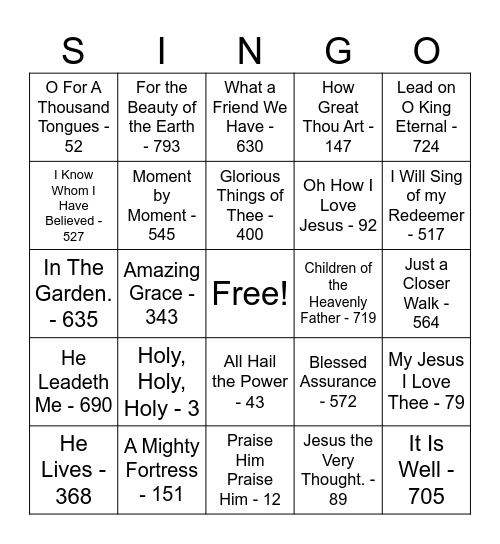 Hymn Singo Bingo Card