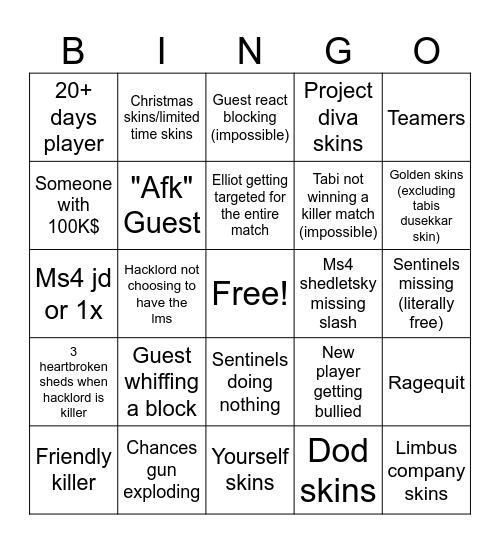 Forsaken bingo Card
