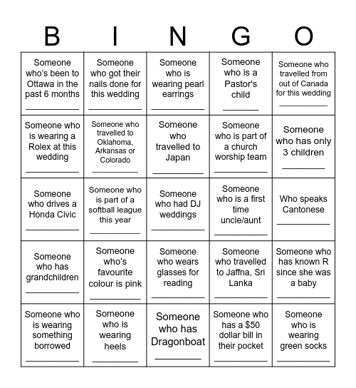 R&B Wedding Bingo Card