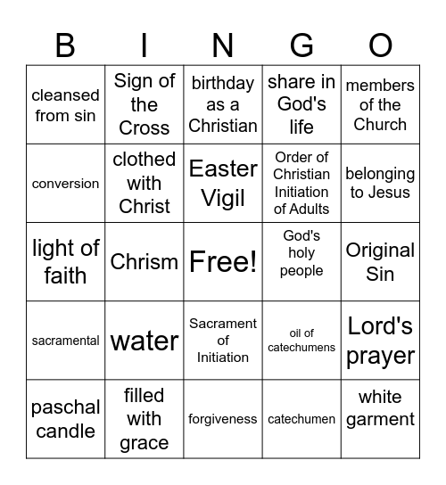 Baptism Bingo Card