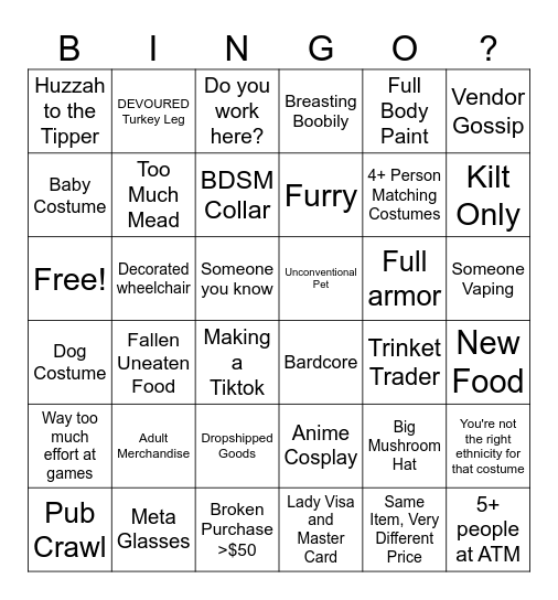 PA Renn Faire Bingo Card