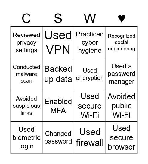 CSW 2025 Bingo Card