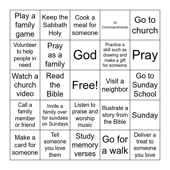 Sabbath Bingo Card