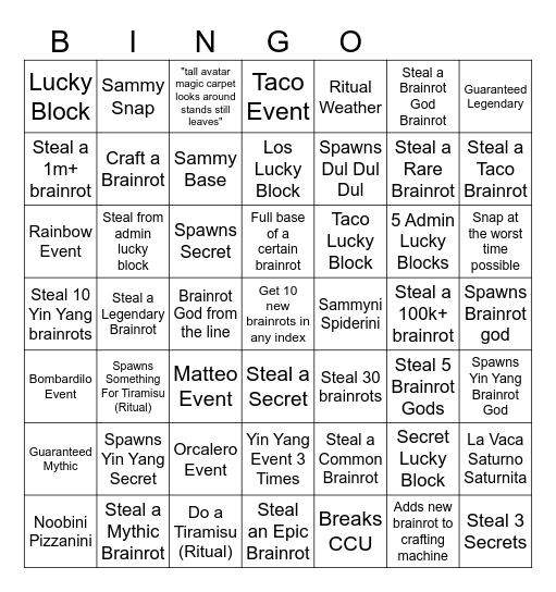 Steal a brainrot admin abuse and after bingo Card