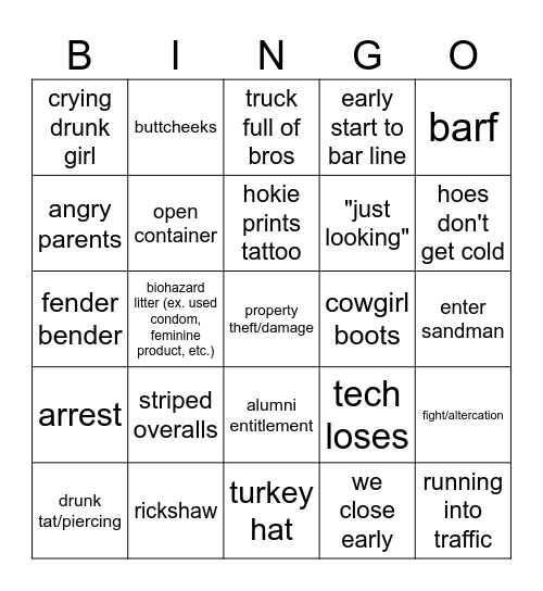 VT Gameday Bingo Card
