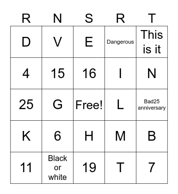 Michael Jackson , letters, and numbers Bingo Card